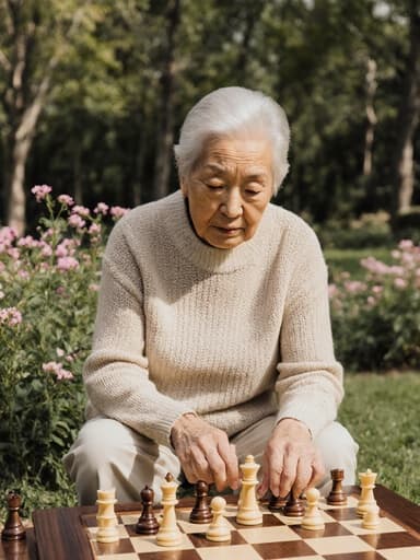편안한 니트 스웨터와 면 바지를 입은 70대 동양인 여성의 반신 초상으로, 그림 같은 공원에 크로스 레그로 앉아 있습니다. 지루한 표정으로 체스판을 바라보며 체스말을 만지작거리고 있고, 울창한 녹음과 다채로운 꽃들로 둘러싸여 있어 고요하면서도 내성적인 분위기를 자아냅니다.