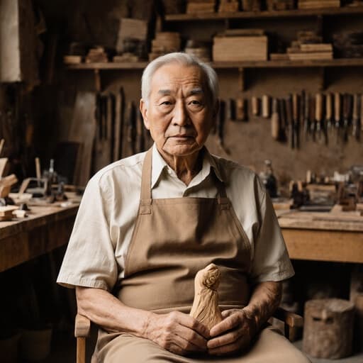 따뜻한 목공 작업실에서 집중하고 있는 60대 아시아계 남성이 작업용 앞치마를 입고 의자에 앉아 나무 조각을 손에 쥐고 있는 모습, 정리된 도구와 나무들로 둘러싸여 있으며, 장인정신과 집중을 전달하는 장면입니다.