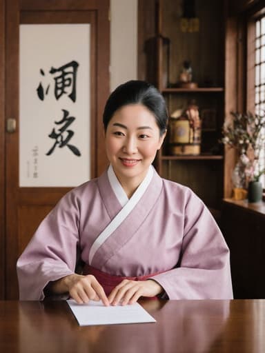 40대 한국인 여성이 전통 한복을 입고, 테이블에 앉아 친근한 표정으로 상담 노트를 가리키며 설명하는 모습의 반신 촬영입니다. 배경에는 따뜻한 색조의 전통 한의원 내부가 보이며, 한약재 소품들이 배치되어 아늑한 분위기를 만들어냅니다.