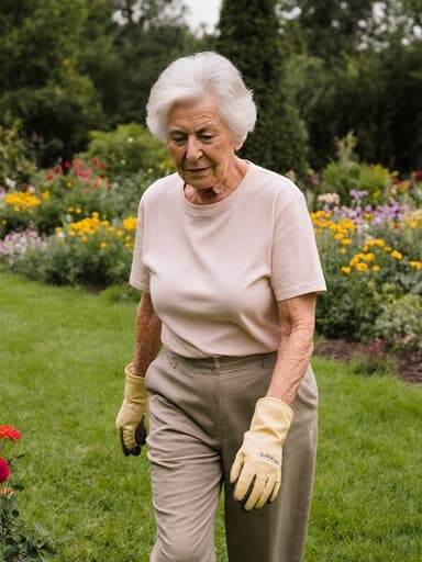 이 이미지는 70대 혼혈 여성이 편안한 티셔츠와 긴 바지를 입고 정원 가꾸기에 적합한 원예 장갑을 착용한 채, 화려한 정원을 걷고 있는 모습을 담고 있습니다. 그녀는 자연스러운 외모에 지루한 표정을 짓고 있으며, 푸르고 꽃이 만발한 배경 속에서 정원 작업의 한 순간을 반영합니다.