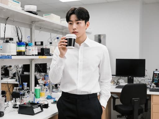 현대적인 분석실에서 커피를 여유롭게 마시는 세련된 초등학생 남성, 깔끔한 화이트 셔츠와 블랙 슬랙스를 착용하고 자신감 있는 표정을 지으며 포즈를 취하고 있는 모습.
