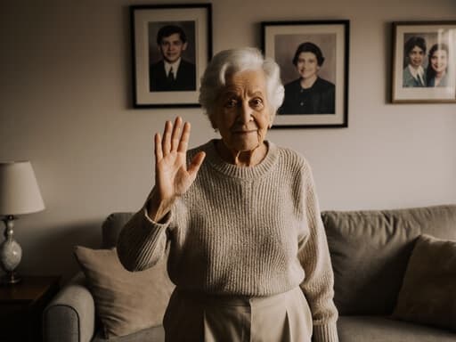 70대의 라틴계 여성의 반신 사진으로, 자연스러운 외모를 가진 모습이며 편안한 니트 스웨터와 바지 차림이다. 그녀는 가족 사진이 걸려 있는 벽과 소파가 있는 아늑한 거실에 서 있으며, 외로운 표정과 그리움이 가득한 눈빛으로 손을 흔들며 인사하고 있는 모습이다. 따뜻한 분위기가 느껴진다.