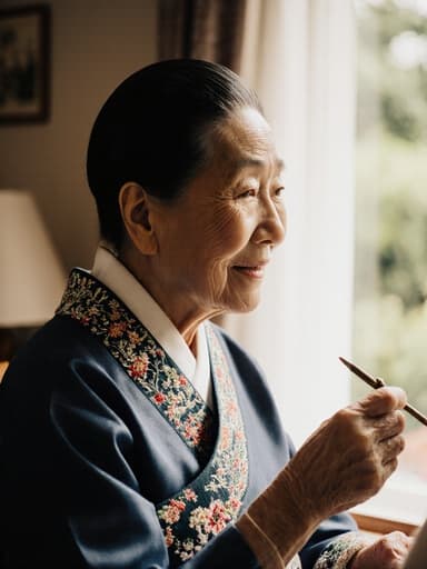 전통 한복을 입은 80세 백인 여성, 공예 도구를 들고 미소 지으며 따뜻한 빛이 들어오는 거실에 앉아 아름다운 정원을 바라보고 있는 모습.