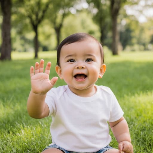 귀여운 혼혈 1세 남자 아기가 편안한 티셔츠와 반바지를 입고, 배고프고 안타까운 표정을 지으며 손을 흔들며 인사하는 모습의 클로즈업 샷. 배경은 푸른 잔디와 나무가 있는 공원으로, 아늑하고 따뜻한 분위기를 자아낸다.