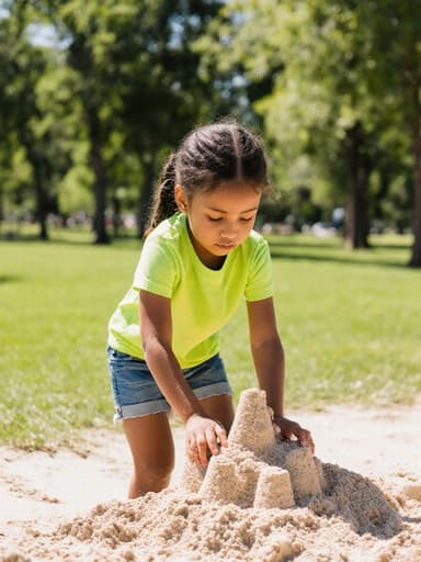 7세 혼혈 여아가 밝은 색상의 티셔츠와 반바지를 입고, 햇볕이 비치는 공원에서 지루한 표정으로 모래를 만지고 있는 전신 사진. 주변에는 나무와 잔디가 어우러져 있습니다.