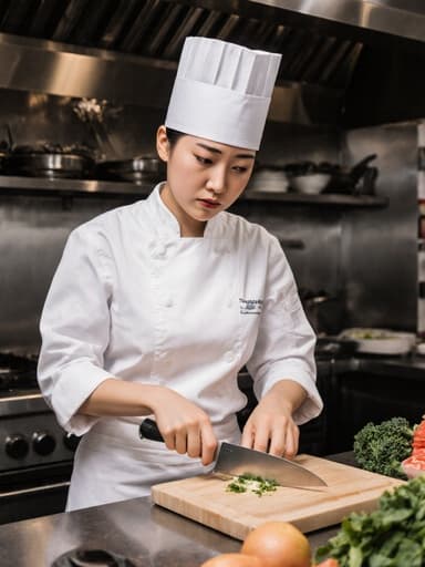10대 후반의 아시아계 여성 셰프가 조리복과 요리모자를 착용한 채 조리대에 서서 칼을 들고 있습니다. 그녀는 요리에 대한 흥미가 없고 지루한 표정을 짓고 있습니다. 배경은 다양한 조리 도구와 재료가 놓인 분주한 식당 주방을 보여주며, 그녀의 표정과 자세에서 단조로움을 강조합니다.