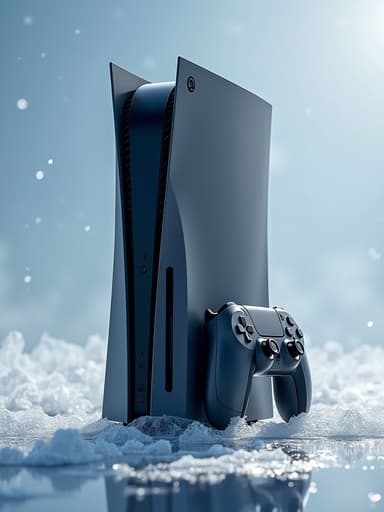 겨울 얼음 장식이 있는 반사 얼음 표면 위에 놓인 게임 콘솔, 고요한 겨울의 분위기.