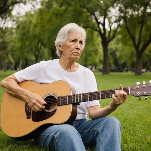 60대 라틴계 여성이 편안한 티셔츠와 청바지를 입고, 걱정스러운 표정을 지으며 공원 잔디 위에 앉아 다리를 뻗고 기타를 연주하는 반신 사진입니다. 배경에는 푸른 나무와 푸른 잔디가 있어 평화롭지만 대조적인 분위기를 자아냅니다.