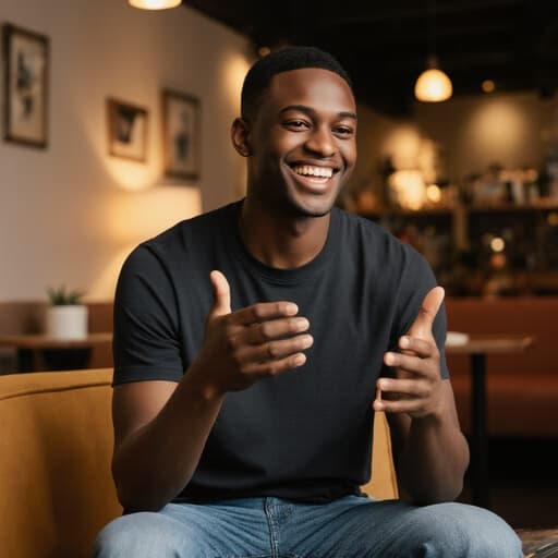 따뜻한 조명과 아늑한 소파가 있는 편안한 카페에서 자신감 넘치는 미소를 지으며 무언가를 설명하고 있는 10대 후반 아프리카계 남성의 반신 촬영 이미지.