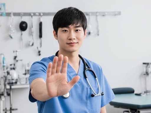 작업복을 입고 있는 아시아계 청소년 수의사가 인사하는 자세로 손을 내밀고 있는 모습, 수의사 사무실의 배경과 함께 동물 병원 장비들이 있는 환경을 반영하며, 수의사 직업의 도전과 헌신을 나타냅니다.