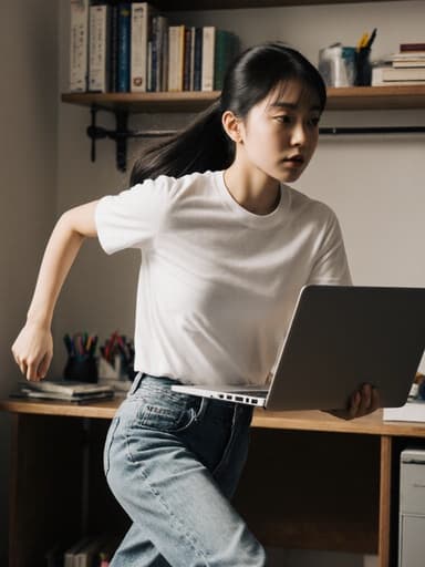 편안한 티셔츠와 청바지를 입고 노트북을 들고 달려가는 찡그린 표정의 한국인 소녀의 전신 사진, 책과 문구류로 가득한 따뜻하고 아늑한 집 안의 서재에서 촬영되었습니다.