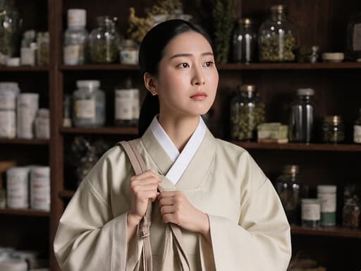 30대 혼혈 여성이 전통 한복을 입고 한약 조제실에 서 있습니다. 그녀는 한의사 가방의 끈을 잡고 있으며 걱정스러운 표정을 짓고 있습니다. 그녀를 둘러싼 약재 선반들이 평화로운 분위기를 연출합니다.