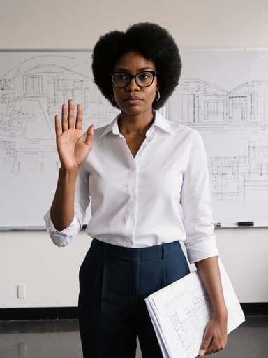 설계실에서 스마트한 블라우스와 정장 바지를 입고 있는 40대 흑인 여성이 한 손에는 도면을 들고 다른 손으로 인사하는 모습입니다. 그녀의 찡그린 표정은 전문성을 나타내며, 화이트보드와 설계 도면들이 배경에 있어 그녀의 창의적 역할을 강조합니다.