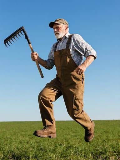60대 백인 남성이 농장 작업복을 입고 농기구를 들고 점프하는 동적인 자세로 촬영된 전체 몸 사진입니다. 그의 표정은 농업에 대한 단호한 의지를 나타내며, 배경은 넓은 농장 들판과 맑은 파란 하늘로 구성되어 있어 차분하면서도 목적이 뚜렷한 분위기를 자아냅니다.