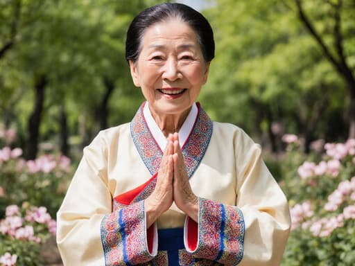 전통 한복을 입고 미소 지으며 인사하는 80대 백인 여성의 반신 초상, 푸른 나무와 꽃들이 가득한 그림 같은 공원에서 문화유산의 아름다움을 보여줍니다.