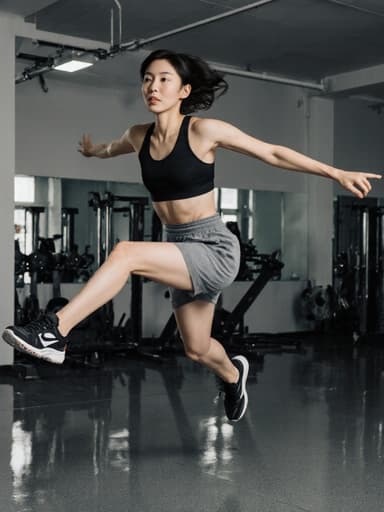 20대 한국인 여성의 전신 사진으로, 자연스러운 외모를 가진 그녀가 트렌디한 운동복과 운동화를 착용하고 있습니다. 그녀는 점프하는 자세로, 팔을 벌리고 다리를 쭉 뻗은 모습이 에너지와 집중력을 보여줍니다. 배경은 체육관의 바닥과 운동 기구가 놓여 있어 운동 테마를 강조합니다. 이 장면은 그녀가 운동에 몰두하는 차분한 집중력을 전달하며 생기와 결단력을 발산합니다.