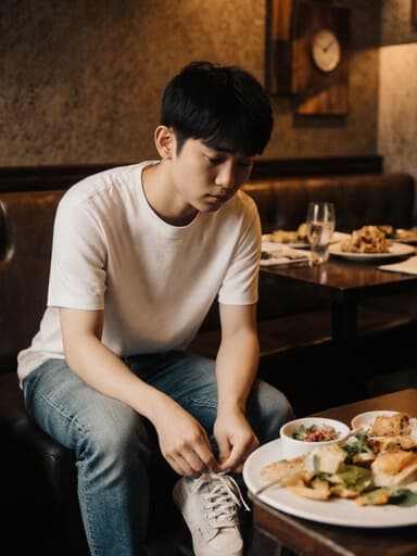 10대 초반의 동양인 남성이 아늑한 레스토랑 테이블에 앉아 있습니다. 그는 편안한 티셔츠와 청바지를 입고 있으며, 걱정스러운 표정을 짓고 신발을 신으려고 허리를 숙이고 있습니다. 테이블 위에는 맛있는 음식이 놓여 있어 따뜻한 분위기가 느껴집니다.