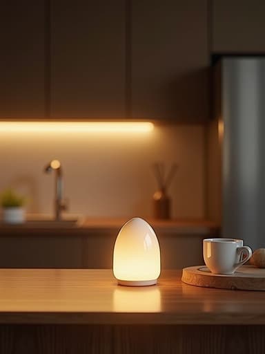 현대적인 주방 세팅의 램프, 따뜻한 자연광, 표면에 미세한 반사와 부드러운 그림자로 따뜻하고 아늑한 분위기.