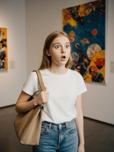 현대 미술 전시실에 서 있는 10대 초반의 백인 소녀가 캐주얼한 티셔츠와 청바지를 입고 있습니다. 그녀는 놀란 표정으로 눈을 크게 뜨고 있으며, 한 손으로 어깨에 메고 있는 가방의 스트랩을 잡고 있습니다. 배경에는 다양한 현대 미술 작품들이 전시되어 있어 생동감 넘치는 매력적인 분위기를 더하고 있습니다.
