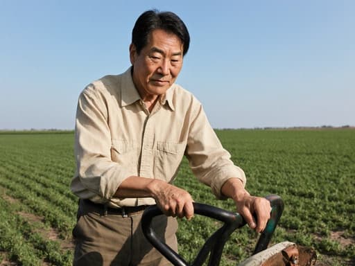 차분한 표정을 지닌 40대 동양인 남성이 캐주얼한 농부 복장을 하고 농기계를 조작하는 모습으로, 넓은 농장과 맑은 하늘을 배경으로 한 반신 사진으로, 편안한 농촌 생활을 전달합니다.