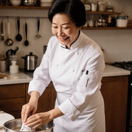 50대 동양인 여성의 반신 사진으로, 요리사 복장에 흰색 앞치마와 편안한 신발을 신고 밝게 웃고 있는 모습입니다. 그녀는 따뜻하고 아늑한 주방에서 요리를 준비하며 요리에 대한 열정을 드러내고 있습니다. 주방에는 다양한 조리 도구가 배치되어 있어 초대하는 듯한 분위기를 자아냅니다.