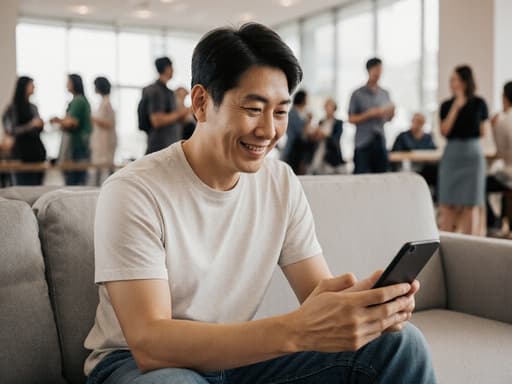 40대 친근한 동양인 남성이 캐주얼한 티셔츠와 청바지를 입고 소파에 앉아 스마트폰을 들여다보며 미소짓고 있는 모습, 다양한 사람들이 소통하는 현대적인 커뮤니티 센터 내부에서 촬영된 반신 사진.