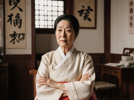 60대 아시아계 여성이 자연스러운 외모로 전통 한복을 입고 있는 반신 사진입니다. 그녀는 의자에 팔짱을 끼고 지루한 표정을 짓고 있으며, 전통 한국의식이 느껴지는 장식물로 가득한 한의원 내부를 배경으로 하고 있습니다.