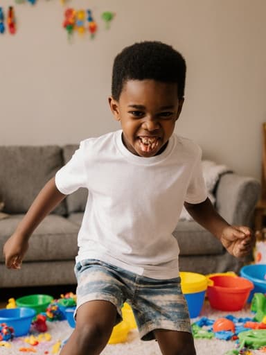 7세 흑인 남성이 자연스러운 외모로 편안한 반팔 티셔츠와 반바지를 입고 있는 반신 샷입니다. 그는 배고픔을 표현하며 입을 약간 찡그린 모습으로 춤추듯이 몸을 흔들고 있습니다. 배경은 물놀이 장난감과 수영복이 있는 거실로, 여름의 즐거운 분위기를 강조합니다.