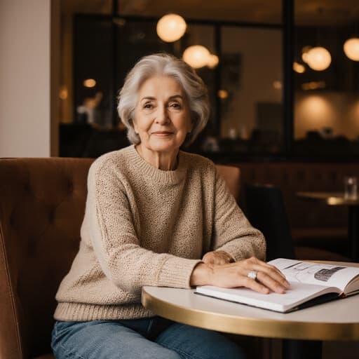 50대 중동계 여성이 편안한 니트와 청바지를 입고 현대적인 카페 테이블에 앉아 디자인 노트를 살펴보는 모습의 반신 촬영. 그녀는 평온하고 여유로운 표정을 지으며 아늑한 카페 분위기에서 현대적인 디자인 요소와 따뜻한 조명을 배경으로 하고 있습니다.