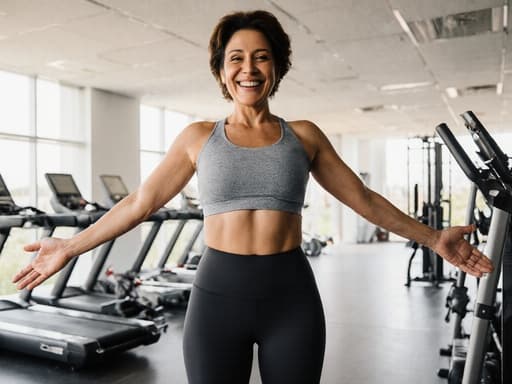 40대 라틴계 여성이 운동복을 입고 밝은 체육관에서 팔을 벌려 인사하며 미소짓고 있는 모습의 반신 촬영. 다양한 운동 기구들로 가득 찬 활기찬 분위기 속에서 긍정적인 에너지를 발산하고 있습니다.