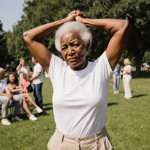 70대 아프리카계 여성의 반신 사진으로, 자연스러운 외모를 가진 편안한 티셔츠와 바지를 입고 있습니다. 그녀는 지루한 표정을 지으며 가족과의 대화 중 스트레칭을 하며 팔을 머리 위로 올리고 있습니다. 나무와 잔디가 어우러진 공원 배경에서 가족들이 함께 모여 있는 모습은 가족의 화합과 함께 그녀의 무관심한 순간을 보여줍니다.