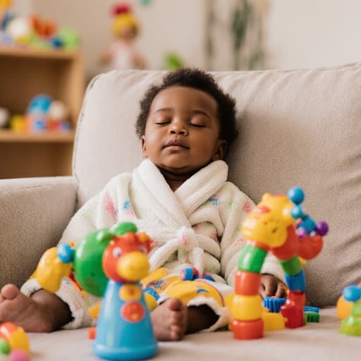 귀여운 목욕 가운을 입은 1세의 아프리카계 남아가 소파에 앉아 장난감을 바라보며 졸린 표정을 짓고 있는 모습의 반신 샷. 배경은 아기용 장난감들이 있는 밝고 아늑한 거실입니다.