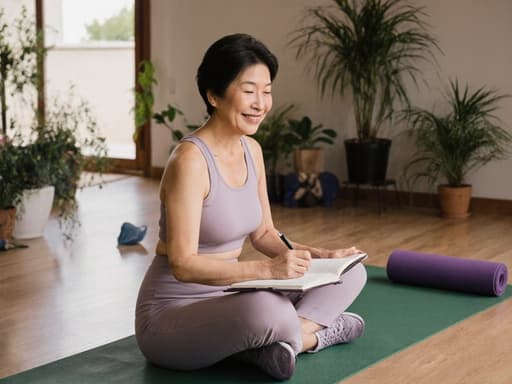 50대 동양인 여성의 반신 사진, 자연스러운 외모를 가진 그녀는 아늑하고 조용한 요가 스튜디오의 요가 매트에 앉아 있습니다. 편안한 요가복과 적합한 운동화를 착용한 그녀는 밝게 웃으며 긍정적인 에너지를 발산하고 있습니다. 손에는 노트를 들고 집중하며 글을 쓰고 있습니다. 배경에는 식물과 요가 용품들이 배치되어 있어 그녀의 집중하고 평온한 태도를 보완하는 평화롭고 매력적인 분위기를 만들어냅니다.