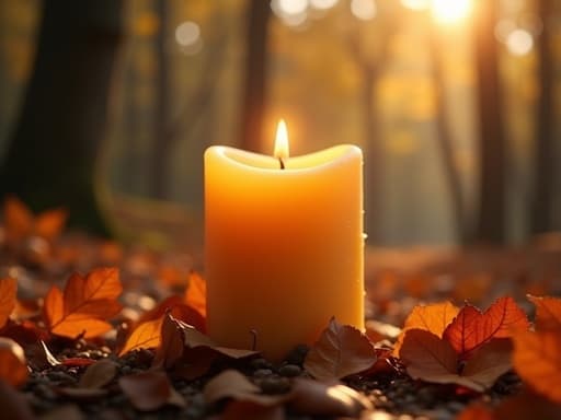양초, 공원에 쌓인 가을 낙엽, 평화로운 분위기