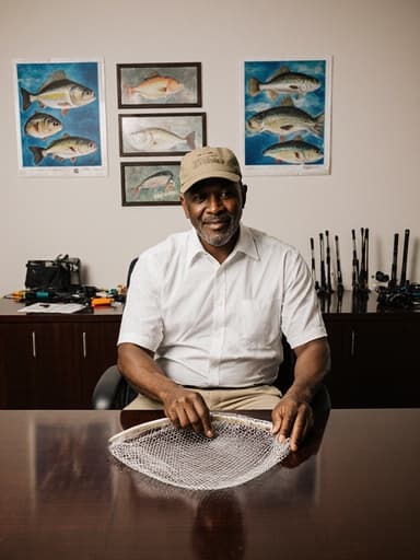 자신감 넘치는 40대 아프리카계 남성이 캐주얼한 복장과 낚시 모자를 착용하고 회의실 테이블에 앉아 어망을 펼치고 있다. 배경에는 낚시 포스터와 정리된 낚시 장비가 장식되어 있어 그의 낚시에 대한 열정을 나타내는 따뜻한 분위기를 만들어낸다.