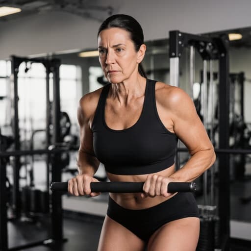 40대 라틴계 여성이 트렌디한 핫팬츠와 운동용 탑을 입고, 운동 기구를 손에 쥐고 긴장한 표정을 지으며 집중하고 있는 모습의 반신 사진. 현대적인 운동실 안에는 다양한 운동 기구와 거울이 배치되어 있으며, 이를 통해 결단력과 활기찬 라이프스타일의 본질을 포착합니다.