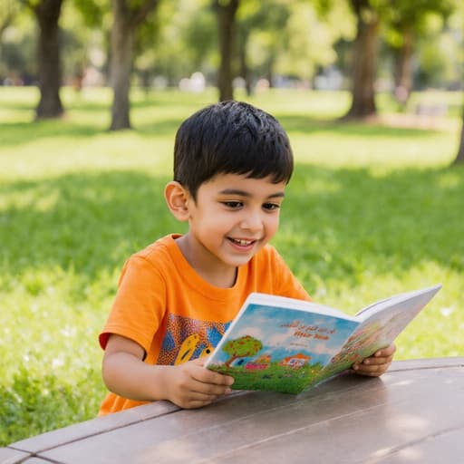 밝은 색상의 티셔츠와 반바지를 입은 3세 중동계 남자아이가 공원에서 테이블에 앉아 장난스러운 표정으로 그림책을 읽고 있으며, 주변에는 푸른 잔디와 나무가 있다.