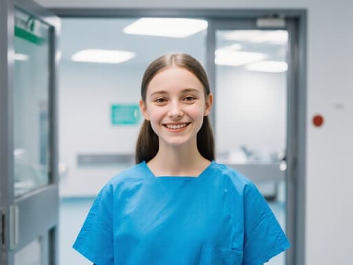 병원 수술복을 입고 자신감 넘치는 미소를 지으며 서 있는 유럽계 10대 초반 여성, 수술실 입구 근처의 밝은 병원 환경에서 준비하는 자세를 보여주며 긍정적인 태도를 드러냅니다.