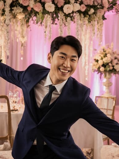 30대 한국인 남성이 스타일리시한 결혼식 정장과 넥타이를 착용하고, 아름다운 꽃 장식과 밝은 조명이 있는 결혼식 축제장에서 기쁘게 스트레칭하는 모습의 활기찬 반신 사진입니다.