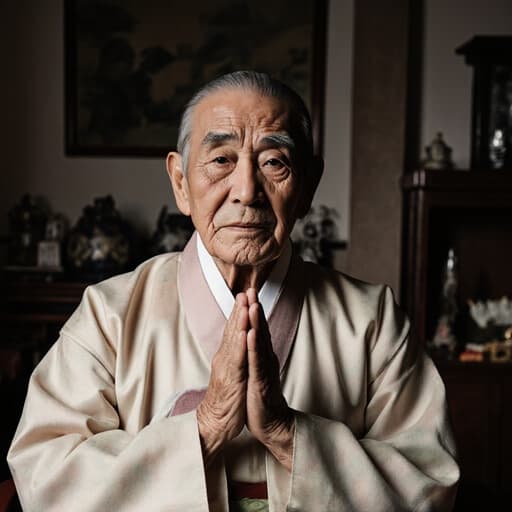 80대 아시아계 남성이 깊은 주름과 흰 머리를 가진 모습을 담은 반신 상반신 사진. 그는 부드러운 파스텔 톤의 전통 한복을 입고 있으며, 손을 가슴 높이로 들어 인사하는 자세를 취하고 있습니다. 그의 표정은 외롭고 그리운 감정을 나타내며, 배경의 아늑한 거실은 전통 한국 소품으로 꾸며져 있어 이 장면의 감정적 무게를 더욱 강조하는 따뜻한 분위기를 만들어냅니다.
