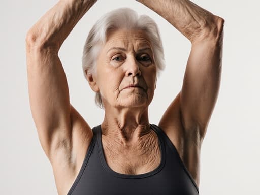 60대 백인 여성의 반신 사진으로, 자연스러운 외모를 가진 그녀는 편안한 운동복을 입고 있습니다. 그녀는 집중하고 진지한 표정을 지으며 팔을 높이 들어 올리며 스트레칭을 하고 있습니다. 배경은 깔끔하고 미니멀한 사진 스튜디오로, 그녀의 운동과 웰빙에 대한 헌신을 잘 드러내고 있습니다.