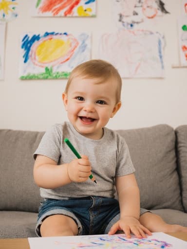 아늑한 거실에 앉아 있는 1살의 유럽계 남자 아기가 편안한 티셔츠와 반바지를 입고, 작은 그림 도구를 손에 쥐고 장난스러운 표정을 짓고 있습니다. 벽에는 아기 그림들이 걸려 있어 따뜻한 분위기를 연출하며, 아기가 그림을 그릴 준비를 하고 있는 모습에서 그의 즐거운 기분이 느껴집니다.