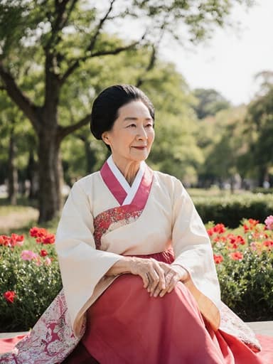 70대 동양인 여성의 모습이 반신 샷으로 촬영되었으며, 전통 한복을 입고 있습니다. 그녀는 다리를 뻗고 앉아 전통 춤을 추기 위해 준비하는 모습이며, 평온한 표정을 지으며 고요한 감정을 표현하고 있습니다. 배경은 아름다운 공원으로, 푸르른 나무들과 꽃들이 어우러져 평화로운 분위기를 더욱 강조합니다.