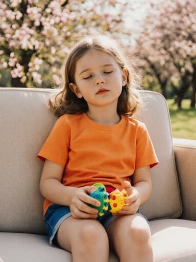 화사한 색상의 티셔츠와 반바지를 입은 귀여운 7세 유럽계 소녀가 꽃이 만개한 공원에서 소파에 앉아 장난감을 손에 들고 졸린 듯한 표정을 짓고 있는 반신 사진입니다.