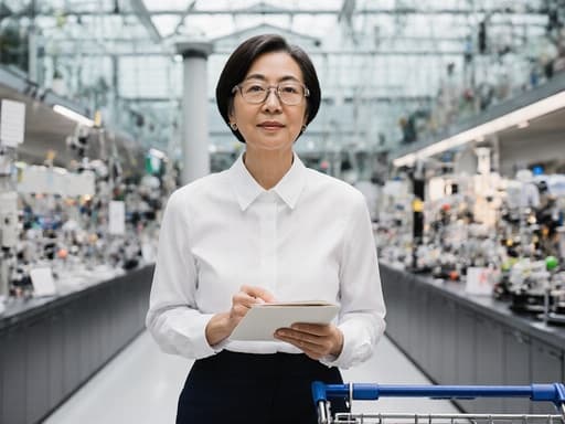 60대의 자신감 넘치는 동양인 여성이 현대 과학관에서 논문 발표를 준비하며 노트를 들고 쇼핑카트를 밀고 있는 모습으로, 우아한 복장과 자연스러운 표정을 지니고 있으며, 흥미로운 과학 전시물들이 배경에 있습니다.