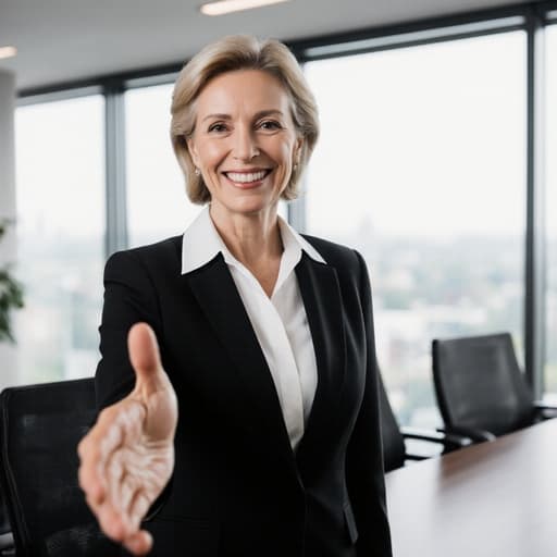 50대 유럽계 여성의 반신 사진으로, 포멀한 블랙 수트와 화이트 블라우스를 착용하고 있습니다. 매력적인 미소를 지으며 자신감 있는 표정으로 손을 앞으로 내밀어 인사하는 자세를 하고 있습니다. 배경은 큰 창문과 세련된 가구가 있는 현대적인 회의실로, 우아한 분위기를 만들어내고 있습니다.