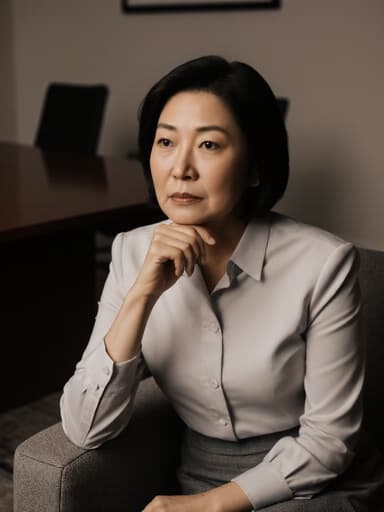40대 아시아계 여성의 반신 촬영으로, 세련된 정장 블라우스와 스커트를 입고 소파에 앉아 한 손으로 턱을 괸 채로 고민하는 표정을 짓고 있습니다. 배경에는 법률 상담을 위한 회의 테이블이 있어 전문적인 분위기를 더합니다.