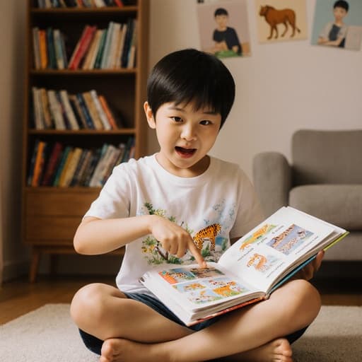 7세 한국 남성이 귀엽고 호기심 가득한 외모로 아늑한 거실에 앉아 반다리로 포즈를 취하며 책을 손에 들고 동물 그림을 가리키고 있습니다. 그는 배고픈 표정으로 다양한 동물 이름을 배우고 싶어하는 모습입니다. 배경에는 다양한 책이 꽂힌 책장과 벽에 걸린 동물 그림들이 있어 따뜻하고 초대하는 분위기를 만들어주고 있습니다.