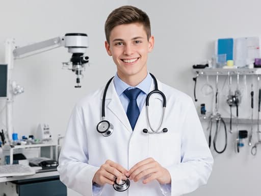 10대 초반의 유럽계 남성 의사가 흰색 가운을 입고 청진기를 들고 자신감 넘치는 표정으로 현대적인 의료 검사실에서 밝게 웃으며 다양한 의료 기구를 정리하고 있는 모습입니다. 이 설정은 전문적이면서도 매력적인 분위기를 전달합니다.