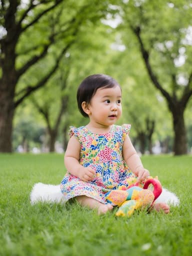 이 이미지는 색색의 아기용 원피스를 입고 있는 귀여운 표정의 1세 아시아계 여아가 공원 잔디 위에 앉아 있는 모습을 보여줍니다. 그녀는 인형을 만지작거리며 호기심 어린 눈빛으로 주변을 바라보고 있습니다. 밝고 경쾌한 공원 배경이 아이의 즐거운 분위기를 한층 강조합니다.